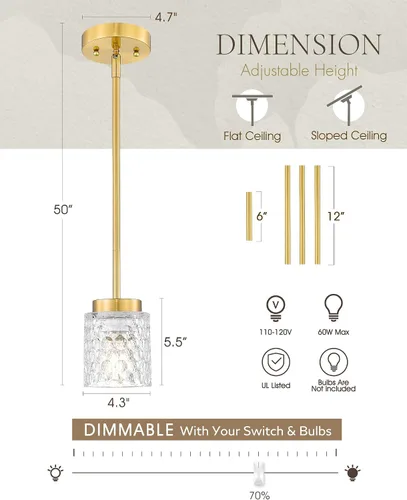 Miniatura 6 de FEMILA Lámpara Colgante Dorada, Accesorios de Iluminación Colgante de 4", Iluminación para Isla de Cocina, Vidrio Martilleado, Base E26, 4FY86MIL BG
