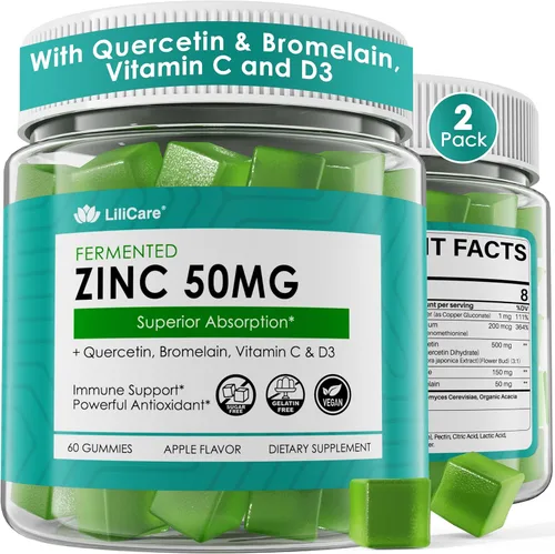 Gomitas de zinc fermentado de 50 mg, quercetina, bromelina, vitamina C y D3, suplementos de zinc de absorción superior para mujeres y hombres,