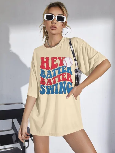Miniatura 9 de Camiseta de béisbol para mujer, camisetas de béisbol de gran tamaño Hey Batter Batter Swing Graphic Tee Ballpark Gift Tops de manga corta