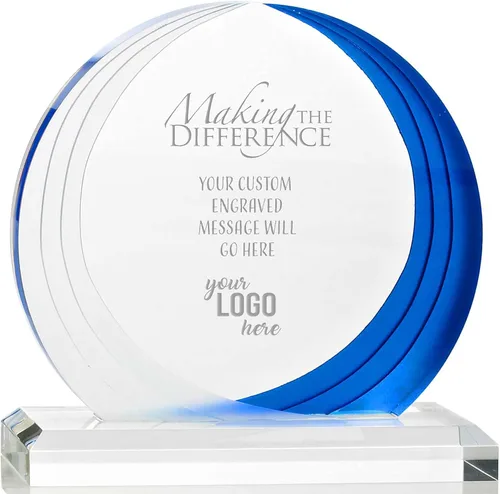 Baudville Trofeo de acrílico azul y esmerilado personalizado, agrega tu logo