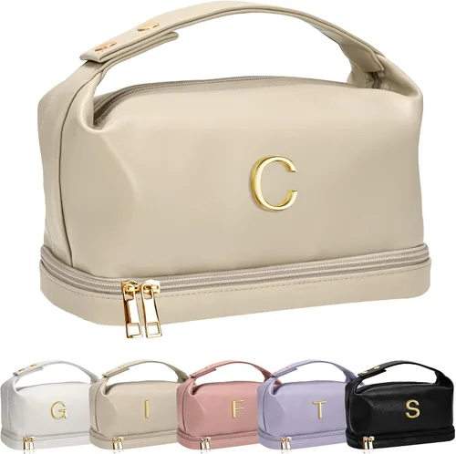 Miniatura 151 de Bolsa de maquillaje con asa, bolsa de cosméticos impermeable de doble capa, bolsas de maquillaje de cuero PU de gran capacidad con letra, bolsa