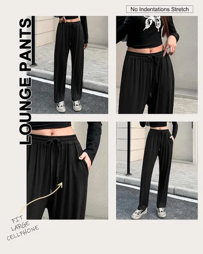 Miniatura 3 de OLIKEME Pantalones de descanso con bolsillos para mujer, ligeros, con cordón, holgados, cómodos, suaves, elásticos, de pierna recta, pantalones