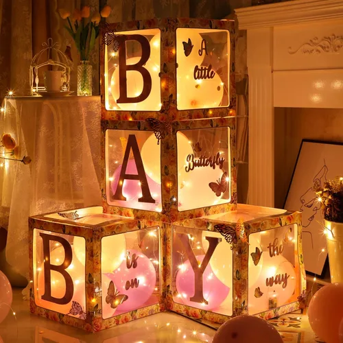 Cajas de primavera de mariposa para baby shower, decoraciones para niña, cajas de globos de bebé rosa con letras y luz para baby shower, suministros