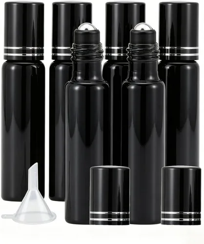 Kesell Paquete de 6 botellas de rodillo de vidrio negro de 0.3 fl oz, botellas de rodillo de aceite esencial con embudo y aplicador de bola de