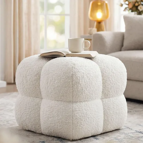 Miniatura 9 de Puf otomano de 21 pulgadas de ancho, taburete cuadrado grande para sofá, otomano bohemio tapizado con tela de peluche para tocador, entrada, Caramelo