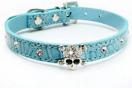 Miniatura 6 de Collar de piel con diamantes de imitación de cráneo y diamantes de imitación de piel para mascotas pequeñas para perros y gatos (XS, negro)