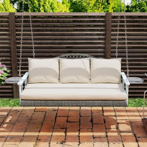 Miniatura 8 de Outsunny Silla columpio de mimbre para 3 personas, resistente, 800 libras con soporte para tazas, 57 pulgadas, ratán al aire libre, banco colgante