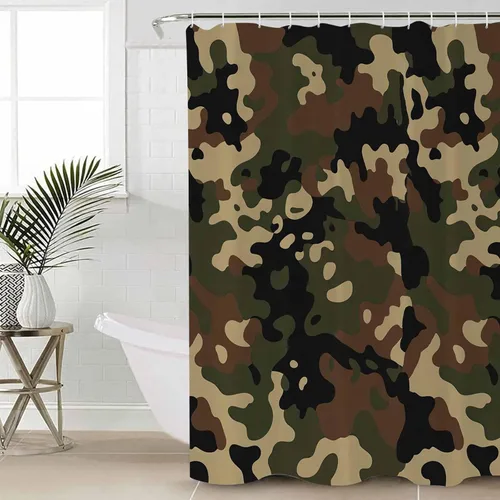 Miniatura 5 de Juego de 4 cortinas de ducha de camuflaje con alfombra antideslizante, cubierta para tapa de inodoro, tapete de baño y 12 ganchos, juego de cortina