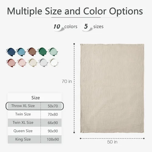 Miniatura 9 de Carriediosa Manta de muselina de 100% algodón, tamaño XL, de 50" x 70", 4 capas, para verano, para cama y sofá, suave, ligera, transpirable, sábanas