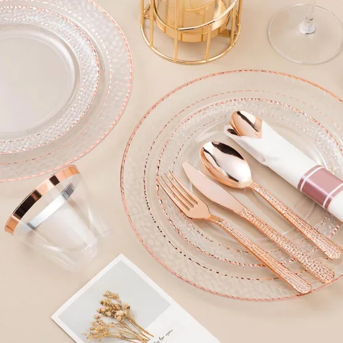 Miniatura 3 de Bestluck - 350 platos de plástico transparente con borde dorado rosa para 50 invitados, juego de vajilla desechable para fiestas y bodas, incluye