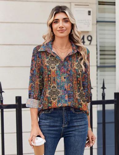 Miniatura 4 de Zeagoo Blusa para mujer, de manga larga, con botones, casual, ligera, lisa/estampada