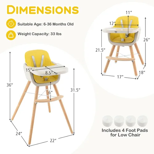 Miniatura 6 de BABY JOY Trona convertible para bebé, 3 en 1, silla alta de madera/asiento elevador/silla con bandeja extraíble, patas ajustables, arnés de 5