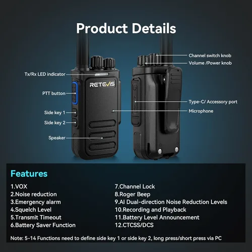 Miniatura 8 de Retevis MateTalk - Walkie Talkies B4 con micrófono de hombro impermeable, cancelación de ruido de radio de 2 vías, compacto, carga USB-C, radios