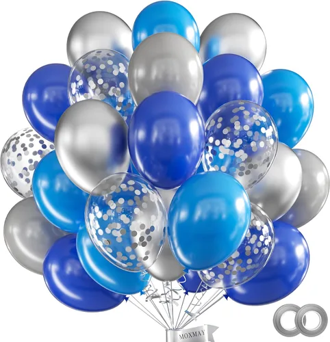 Miniatura 10 de Juego de 62 globos de 12 pulgadas, color negro, blanco, plateado, globos de fiesta con confeti plateado metálico blanco y negro con cintas