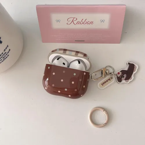 Miniatura 5 de Funda colorida de lunares marrón para Airpods Pro 2 Gen con cerradura, estética retro a cuadros, linda funda protectora kawaii de moda para niñas