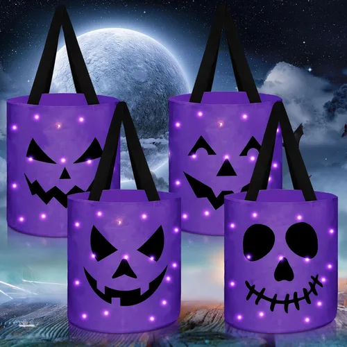 Miniatura 9 de Yaomiao 4 cubos de Halloween para niños con luz LED para dulces de calabaza, cestas de regalo reutilizables para suministros de fiesta (colorido)