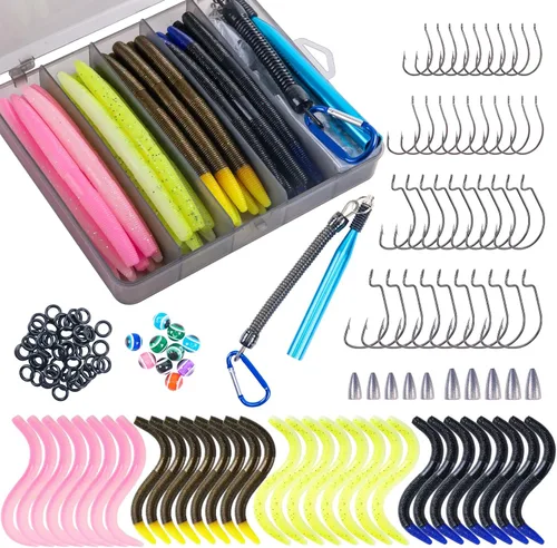 Miniatura 9 de Goture Wacky - Kit de señuelo de pesca con plástico suave, herramientas de aparejo loco, juntas tóricas, ganchos de gusano y lanzamiento, cuentas