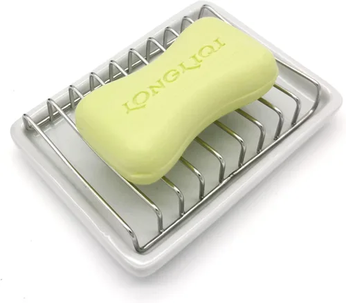 Jabonera de cerámica con bandeja de drenaje de acero inoxidable, soporte de jabón autodrenante, soporte de esponja, jaboneras para ducha, baño,