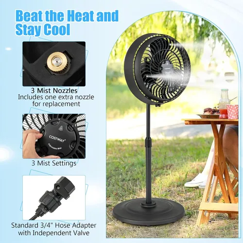 Miniatura 4 de COSTWAY Ventilador de nebulización para exteriores, ventilador de pedestal oscilante de 16 pulgadas con altura ajustable, 3 niveles de niebla, 3