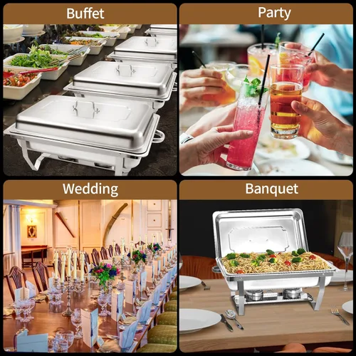 Miniatura 6 de Juego de 2 Platos Calentadores de Acero Inoxidable de Tamaño Completo de 8 Cuartos de Galón para Buffet, Juego de Calentador Rectangular Plateado