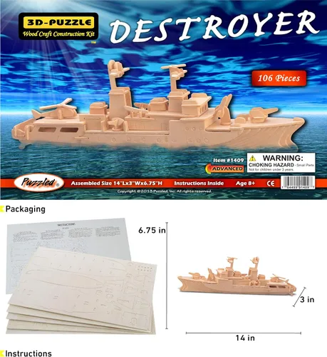 Miniatura 2 de Puzzled Rompecabezas 3D, destructor de buque de guerra, kit de construcción de madera divertido y educativo, juguete de madera para armar