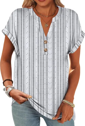 Miniatura 15 de ANRABESS - Camisetas Henley de manga corta para mujer, cuello en V, elegantes, estilo informal, de corte suelto; blusas fluidas de verano, ropa