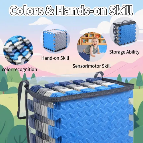 Miniatura 7 de Coolcandy Tapete de juego de espuma para bebé, 16 piezas con tiras de borde, azulejos de piso entrelazados de 4 colores, tapete de piso