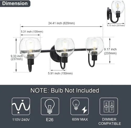 Miniatura 4 de Modernas Bombillas de Luz de Tocador de 3 Luces en Negro, Iluminación de Baño de Granja de Metal con Globo de Vidrio Semiesférico para Pasillo