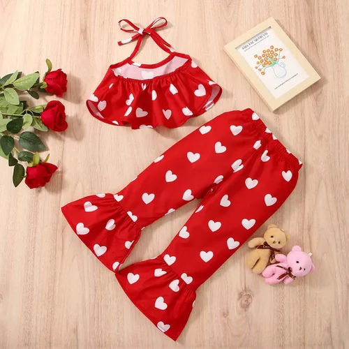 Miniatura 2 de TBUIALL Toddler Girls Valentine's Day Sleeveless Vest Tops Hearts Printed Bell Bottoms Pants Kids Outfits Swaddling Set