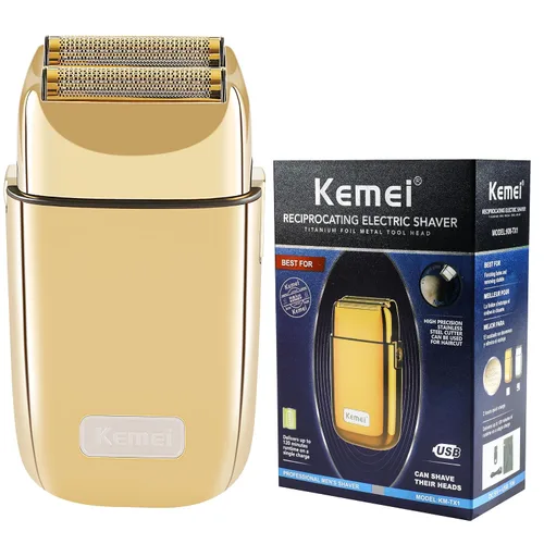 Kemei Afeitadora eléctrica doble de metal inalámbrica para hombres, afeitadoras eléctricas de cierre, tipo C recargable para afeitado en húmedo y
