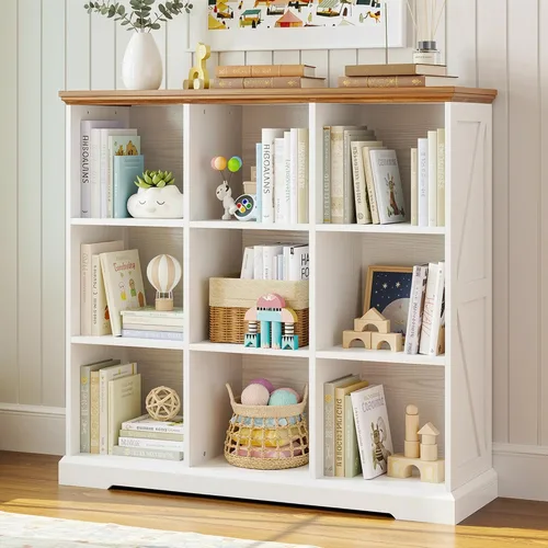 IRONCK Organizador de almacenamiento de 9 cubos de madera, estante de cubos con almacenamiento, estantería corta de estilo granja para recámara,