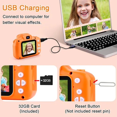 Miniatura 6 de GKTZ Juguetes para niñas de 3 a 8 años, cámara digital para niños, cámara de video para niños pequeños, videocámara para niños, regalos de Naranja