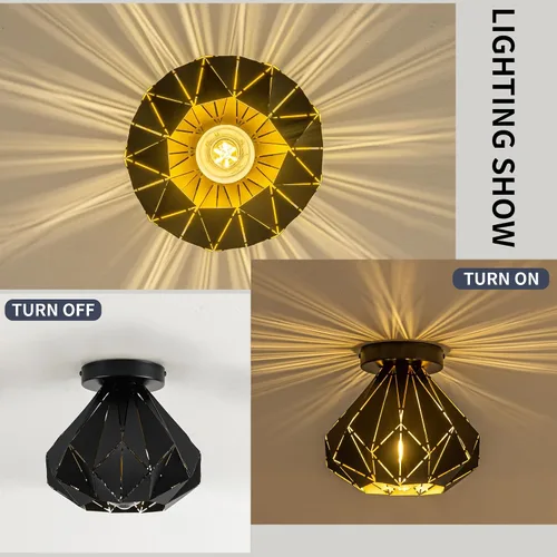 Miniatura 4 de Modern Geometric Ceiling Light, Black Metal Diamond Cage Design, Semi-Flush Mount, Industrial Style, E26, Matte Black with Gold Inside