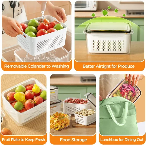 Miniatura 6 de Paquete de 5 recipientes de almacenamiento de frutas para refrigerador con coladores extraíbles, 4 en 1 contenedores de almacenamiento de productos
