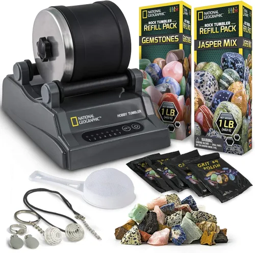 Kit de pulidor de rocas para aficionados de National Geographic - Pulidora de rocas para niños y adultos, barril con reducción de ruido, grano, 1.13
