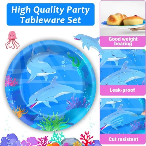Miniatura 3 de Juego de 96 piezas de suministros para fiesta de delfín, platos de delfín, servilletas, tenedores, papel desechable, para postres, pasteles, vajilla