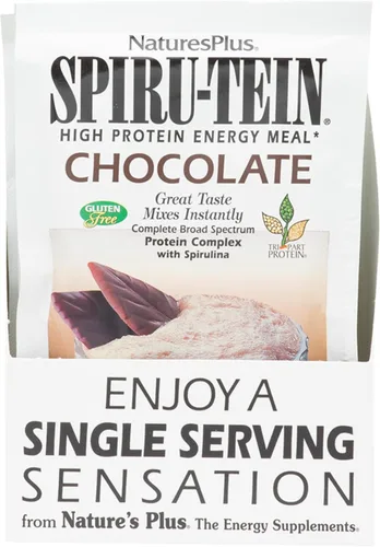 Natures Plus SPIRU-TEIN, chocolate, 8 paquetes en total, batido de proteínas a base de plantas, sin OMG, vegetariano, sin gluten, 8 porciones totales