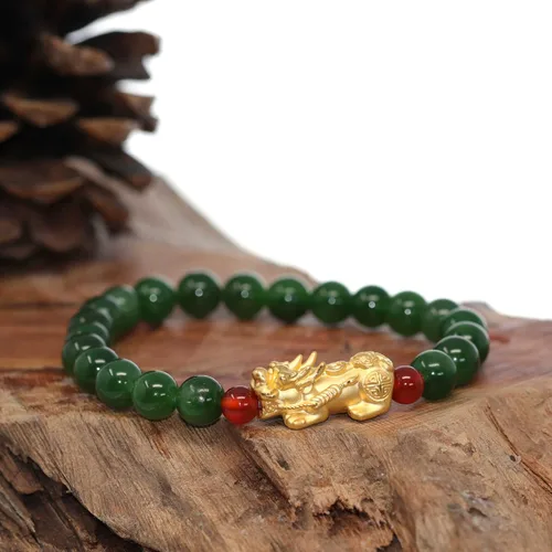 Miniatura 5 de 24k Pixiu Charm Natural Nefrita Jade Beads Pulsera de buena suerte 0.315 in para hombres y mujeres Unisex Niños Buena fortuna