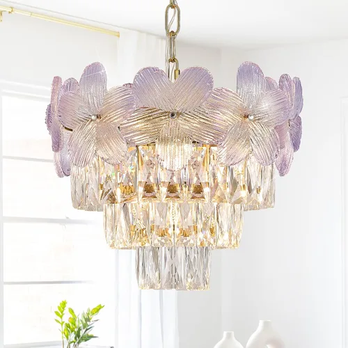 Candelabros Modernos de Flores Moradas Elegantes de 3 Luces 14" Cristal K9 Candelabro de Lujo Dorado Iluminación de 4 Niveles Lámpara Colgante