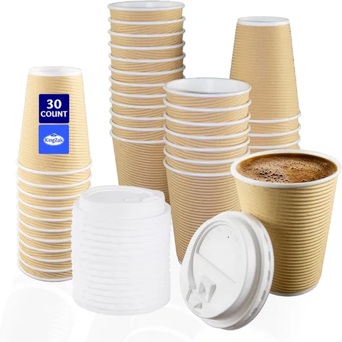 Nicole Home Collection Vasos desechables de papel ondulado con aislamiento de doble pared con tapas para bebidas calientes, paquete de 30 tazas de