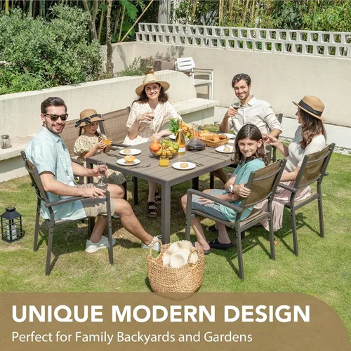 Miniatura 7 de Devoko Juego de comedor para patio, 7 piezas, muebles de exterior con mesa rectangular y 6 sillas apilables, juego de conversación familiar