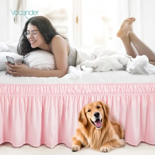 Miniatura 5 de Vocander Falda de Cama Rosa Tamaño Individual con Caída de 14 Pulgadas, Falda de Cama Elástica con Volantes Antipolvo, Fácil de Colocar, Faldas