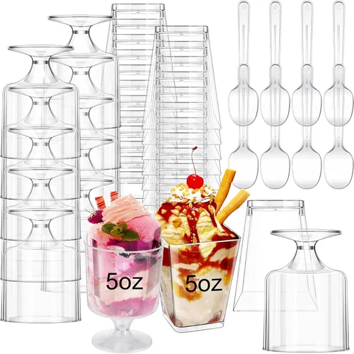 Miniatura 8 de Funtery Paquete de 300 mini tazas de postre de 5 onzas con cucharas, tazas reutilizables de plástico transparente para yogur y aperitivos