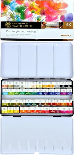 Miniatura 2 de Mungyo Profesional Juego de Acuarelas de Tamaño Media Pastilla en Estuche de Lata/Paleta de Mezcla Integral en la Tapa (48 Colores)