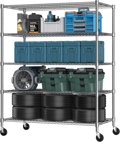 Miniatura 24 de Himimi Estantería de almacenamiento de alambre de acero resistente de 4 niveles, estantes de almacenamiento de metal ajustables con ruedas, estante