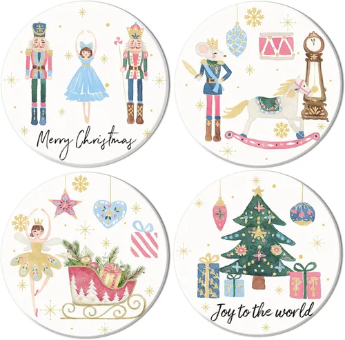Miniatura 8 de Whaline Juego de 4 posavasos de Navidad, juego de 4 posavasos de cascanueces para Navidad, invierno, vacaciones, cerámica para decoración de mesa