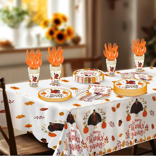 Miniatura 5 de KatchOn Paquete de fiesta de Acción de Gracias, 176 piezas para 25 invitados, mantel, platos, servilletas, tazas y cubiertos para decoración de mesa