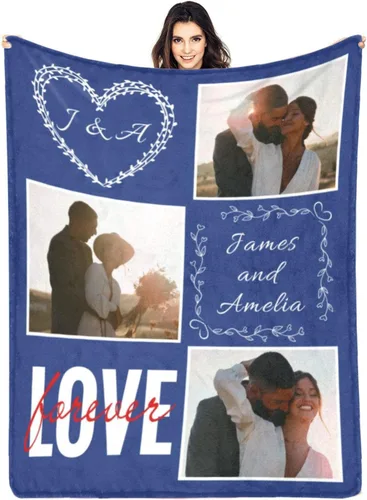 HUGLAZY Manta de franela personalizada con fotos y nombre para regalo del día de San Valentín para novio, novia, esposo y esposa