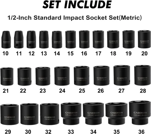 Miniatura 2 de CASOMAN Juego de 26 llaves de impacto de 1/2 pulgada, métricas, poco profundas, 0.394 in a 1.417 in, acero de aleación Cr-Mo, diseño de esquina