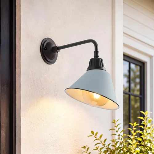 JONATHAN Y Aplique de 9.63 pulgadas de color plateado mate azul/negro para exteriores, luz de pared LED industrial, lámpara de granero con brazo de